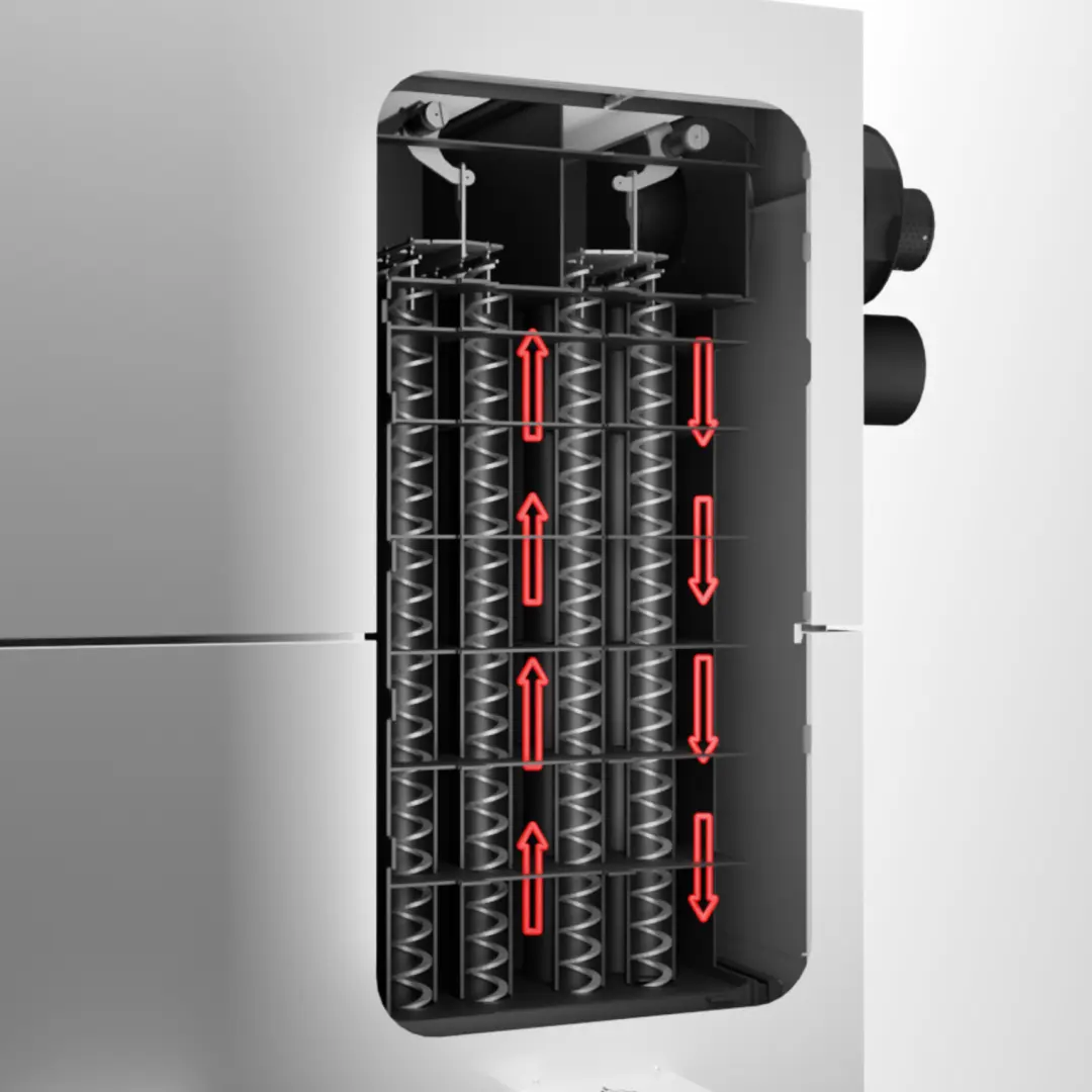 Automatyczny system samoczyszczący wymiennika ciepła w kotle METAL-FACH – wizualizacja z zaznaczeniem kierunku ruchu spiralnych wyciorów
