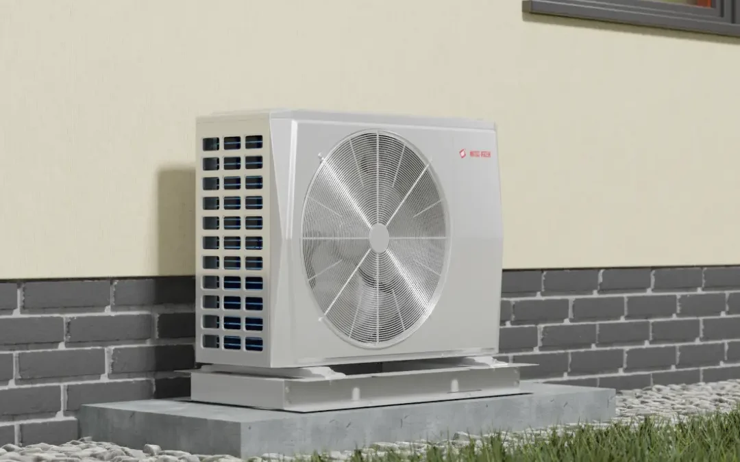 Pompa ciepła Elika Split METAL-FACH – jednostka zewnętrzna ustawiona przy elewacji budynku