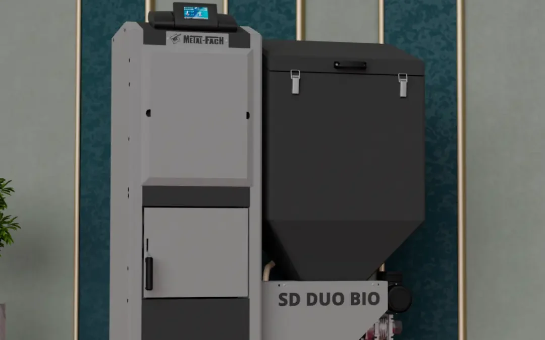 Kocioł SD DUO BIO 16–34 kW – frontowa wizualizacja METAL-FACH Technika Grzewcza