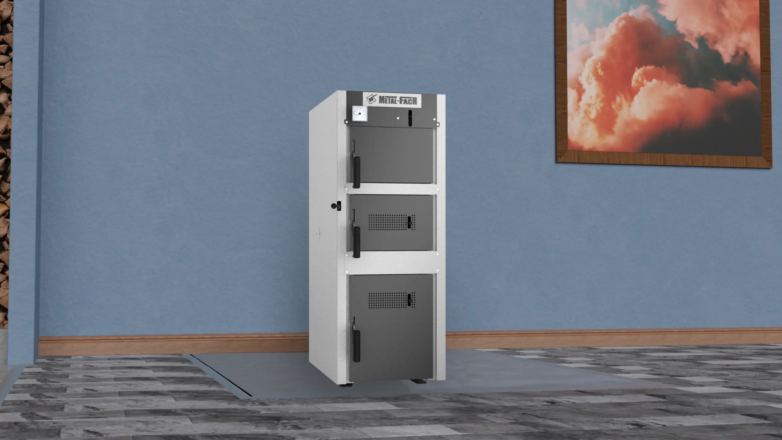 SEMAX BASIC PLUS 15-20 7 Kocioł SEMAX BASIC METAL-FACH Technika Grzewcza z podwójnymi drzwiczkami, ustawiony w pomieszczeniu z niebieską ścianą i obrazem.